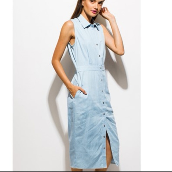 Chambray Sleeveless Denim Midi Dress - Picture 3 of 6